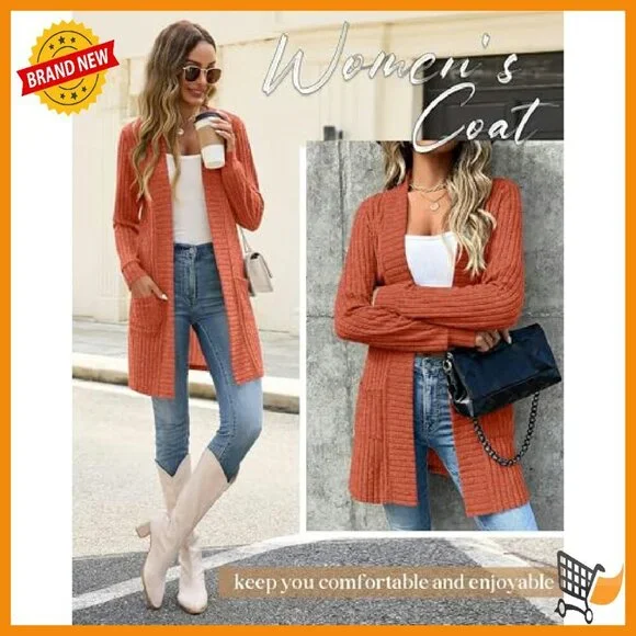 Long Ribbed Cardigan Sweater with Patch Pockets Lightweight Loose Fit - Picture 4 of 8